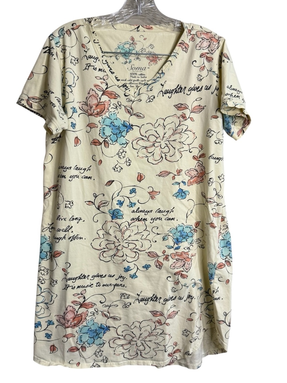 Soma Cream Floral V-Neck Sleep Top with Blue & Pink Blooms